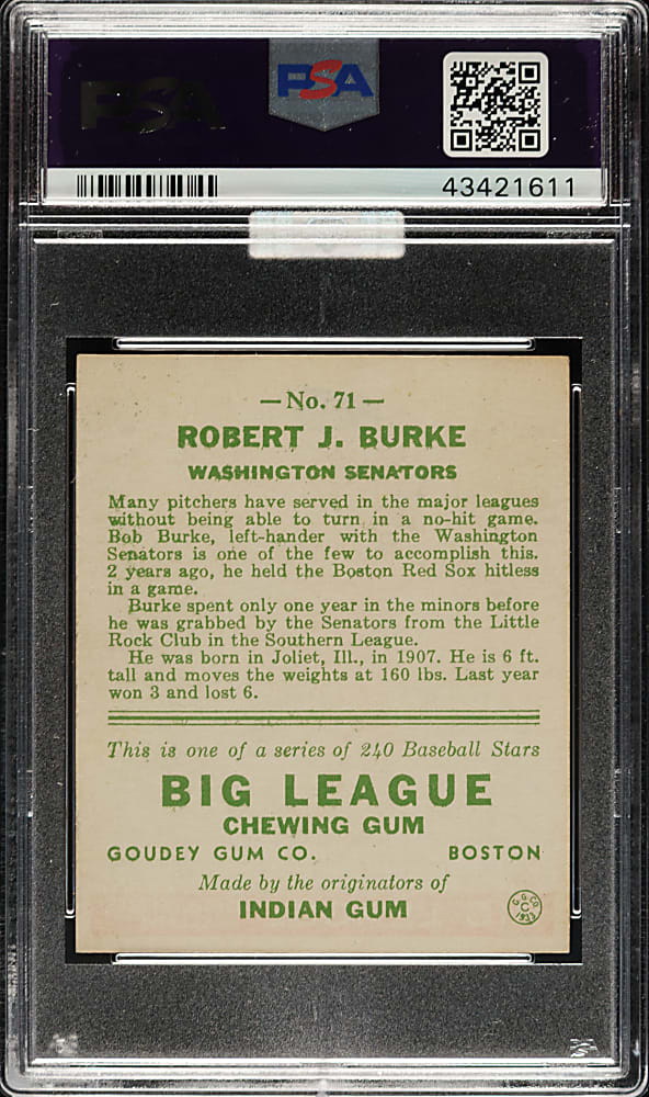 1933 R319 Goudey #71 Robert J. Burke PSA EX-MT 6 (MBA Silver Diamond)