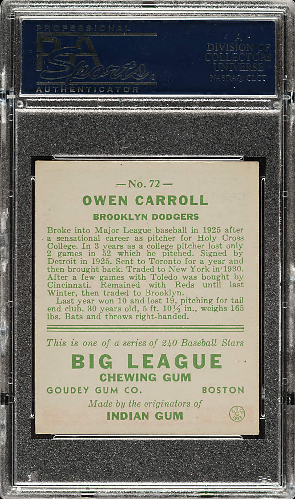 1933 R319 Goudey #72 Owen Carroll PSA NM 7
