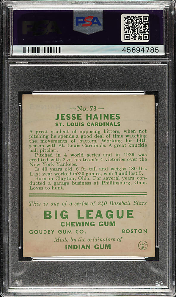 1933 R319 Goudey #73 Jesse Haines PSA EX+ 5.5