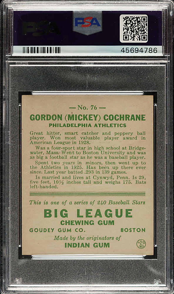 1933 R319 Goudey #76 Mickey Cochrane PSA EX-MT 6