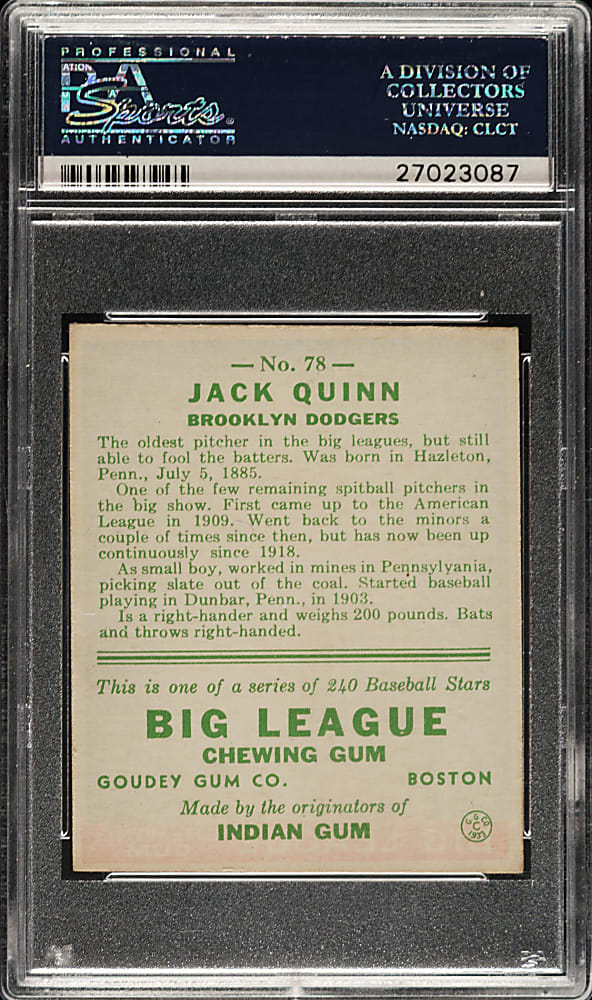 1933 R319 Goudey #78 Jack Quinn PSA EX-MT 6