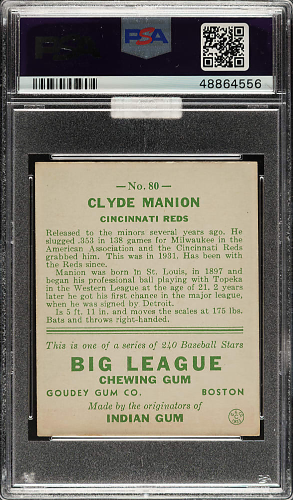 1933 R319 Goudey #80 Clyde Manion PSA EX-MT 6 (MBA Gold Diamond)