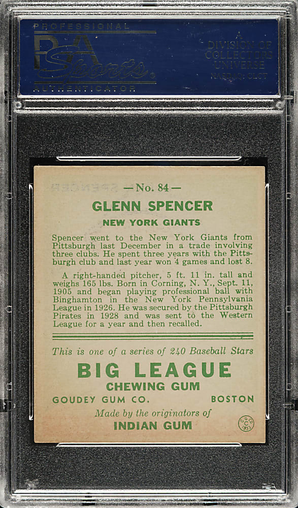 1933 R319 Goudey #84 Glenn Spencer PSA EX-MT 6