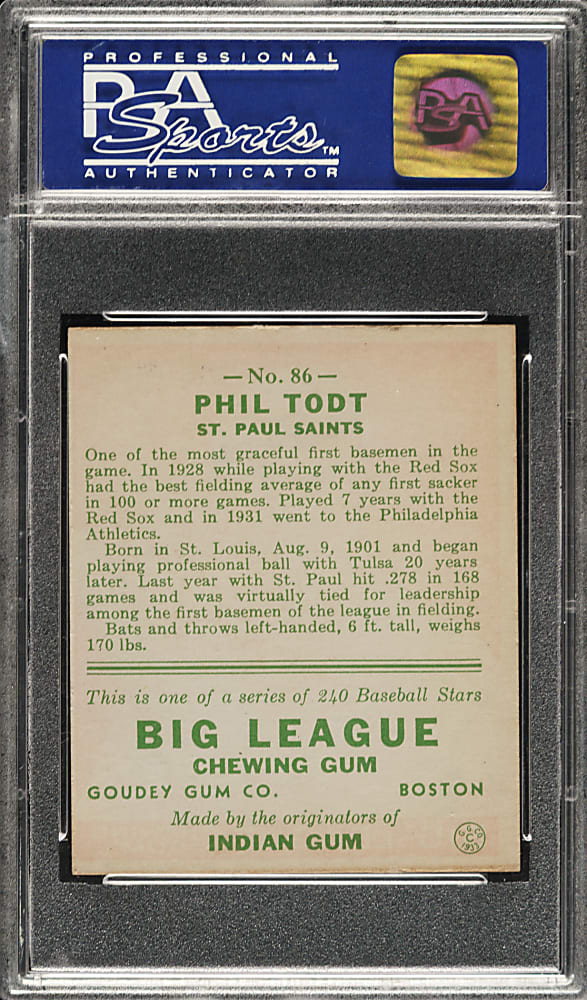 1933 R319 Goudey #86 Phil Todt PSA EX-MT 6