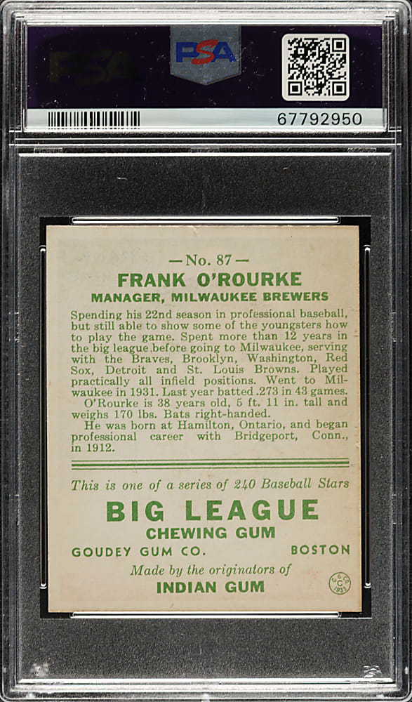 1933 R319 Goudey #87 Frank O'Rourke PSA NM-MT 8