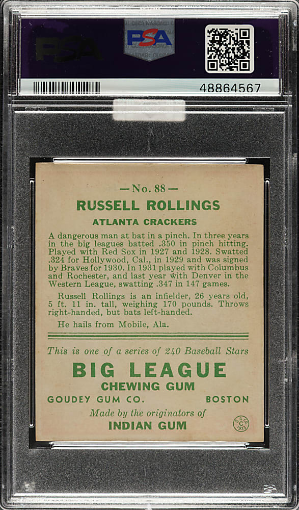 1933 R319 Goudey #88 Russell Rollings PSA EX-MT 6 (MBA Gold Diamond)