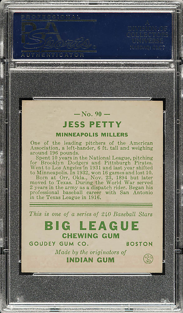 1933 R319 Goudey #90 Jess Petty PSA EX-MT 6