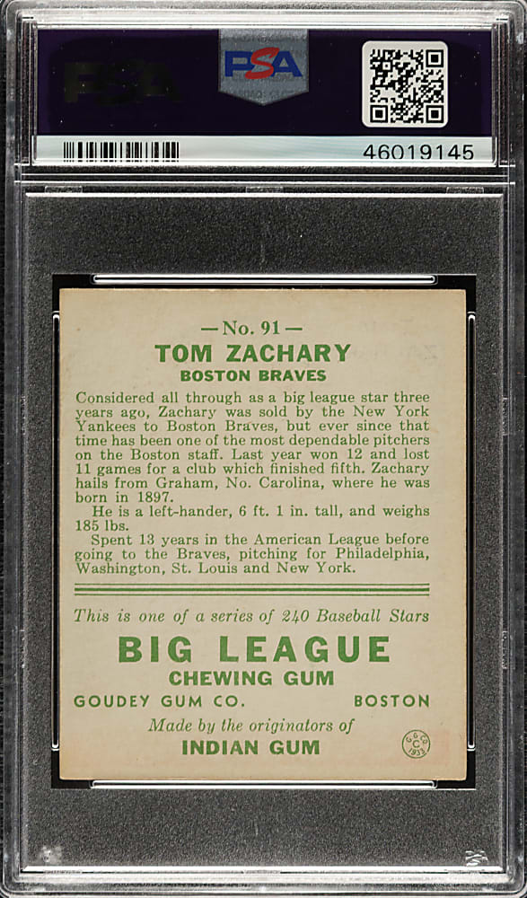 1933 R319 Goudey #91 Tom Zachary PSA EX 5