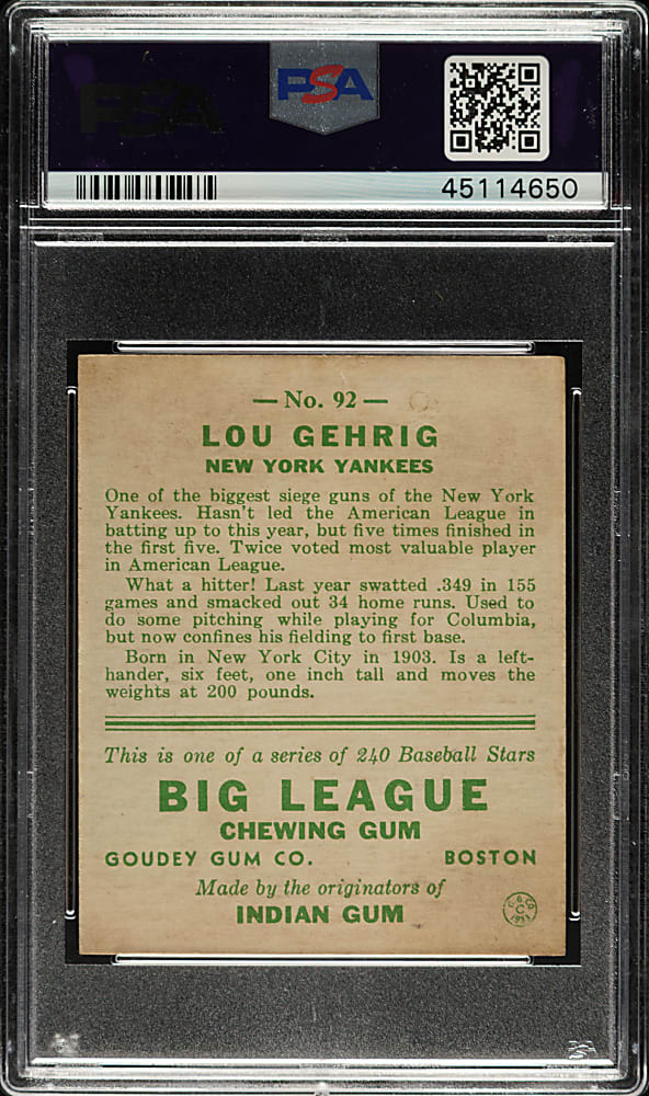 1933 R319 Goudey #92 Lou Gehrig PSA EX-MT 6