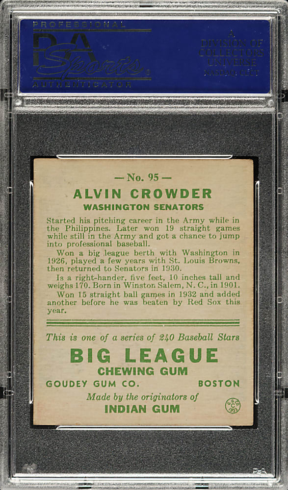 1933 R319 Goudey #95 Alvin Crowder PSA EX-MT 6