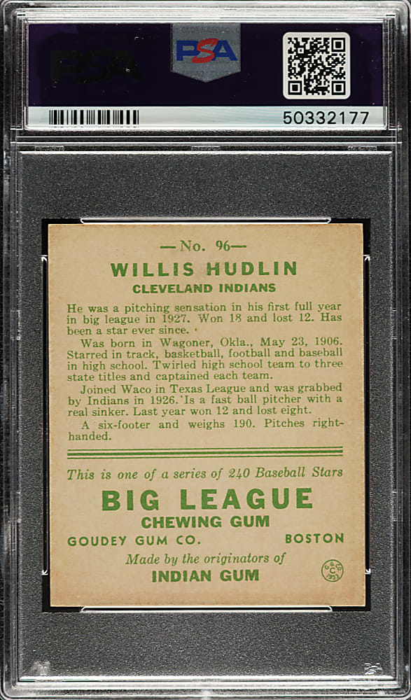 1933 R319 Goudey #96 Willis Hudlin PSA NM 7