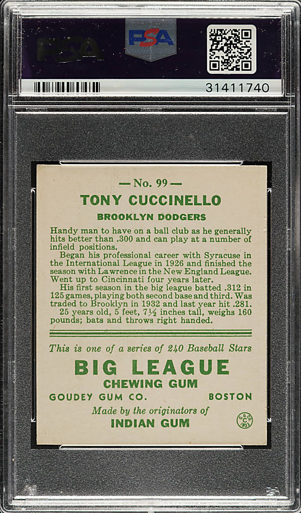 1933 R319 Goudey #99 Tony Cuccinello PSA NM 7