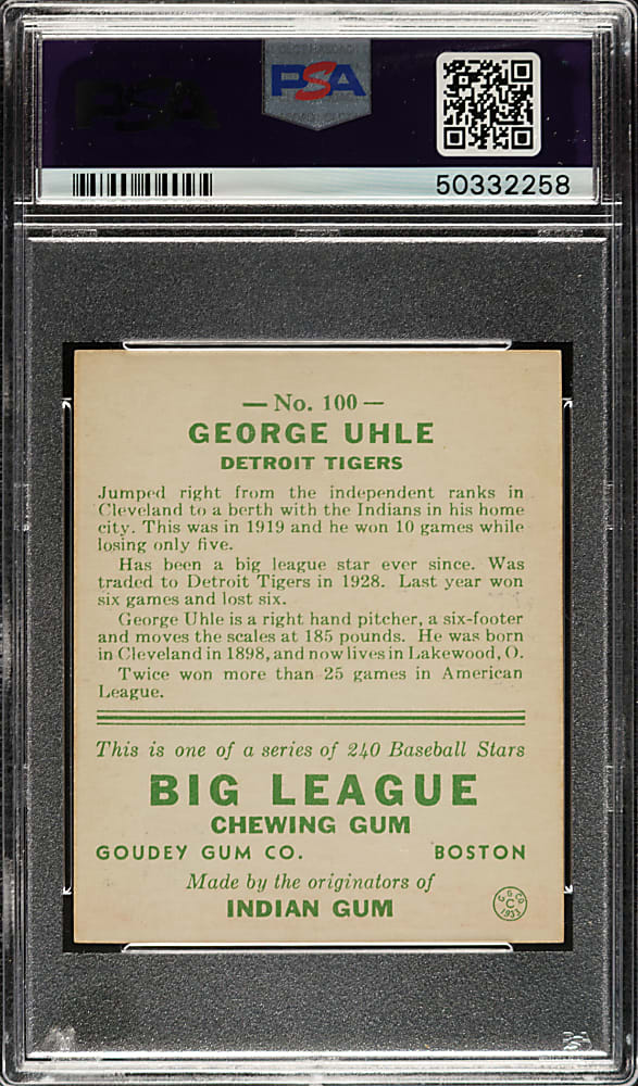 1933 R319 Goudey #100 George Uhle PSA NM 7