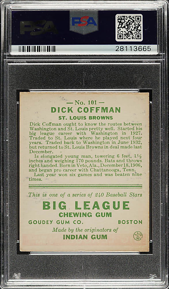 1933 R319 Goudey #101 Dick Coffman PSA NM 7