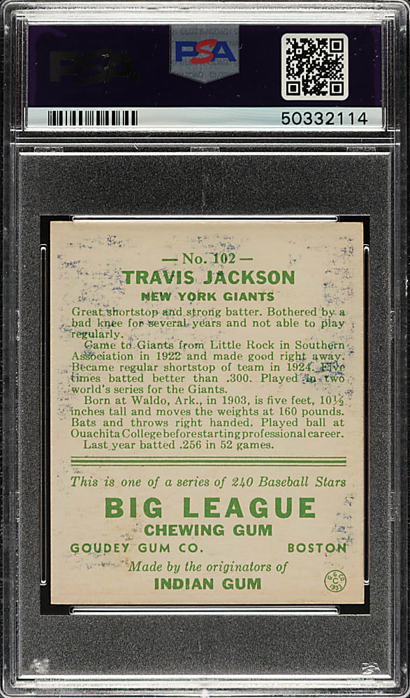 1933 R319 Goudey #102 Travis C. Jackson PSA NM 7