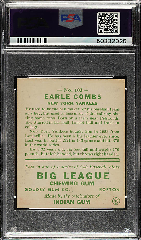 1933 R319 Goudey #103 Earle Combs PSA EX-MT 6