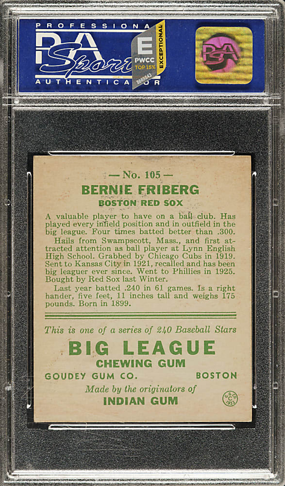 1933 R319 Goudey #105 Bernie Friberg PSA NM 7