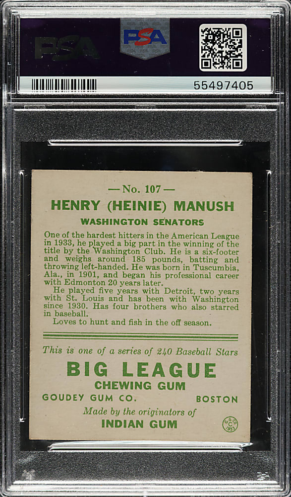 1933 R319 Goudey #107 Heinie Manush PSA EX+ 5.5