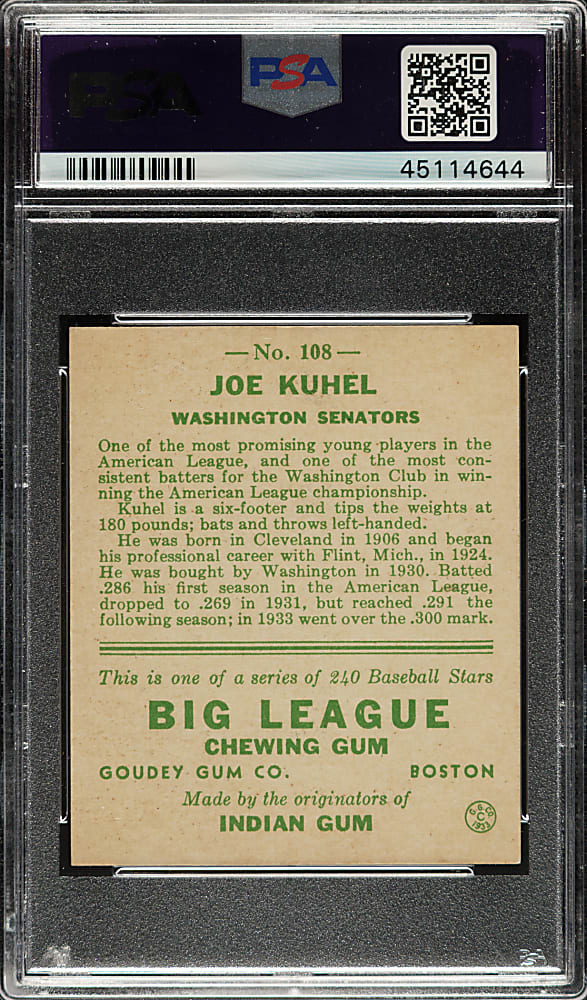 1933 R319 Goudey #108 Joe Kuhel PSA NM 7