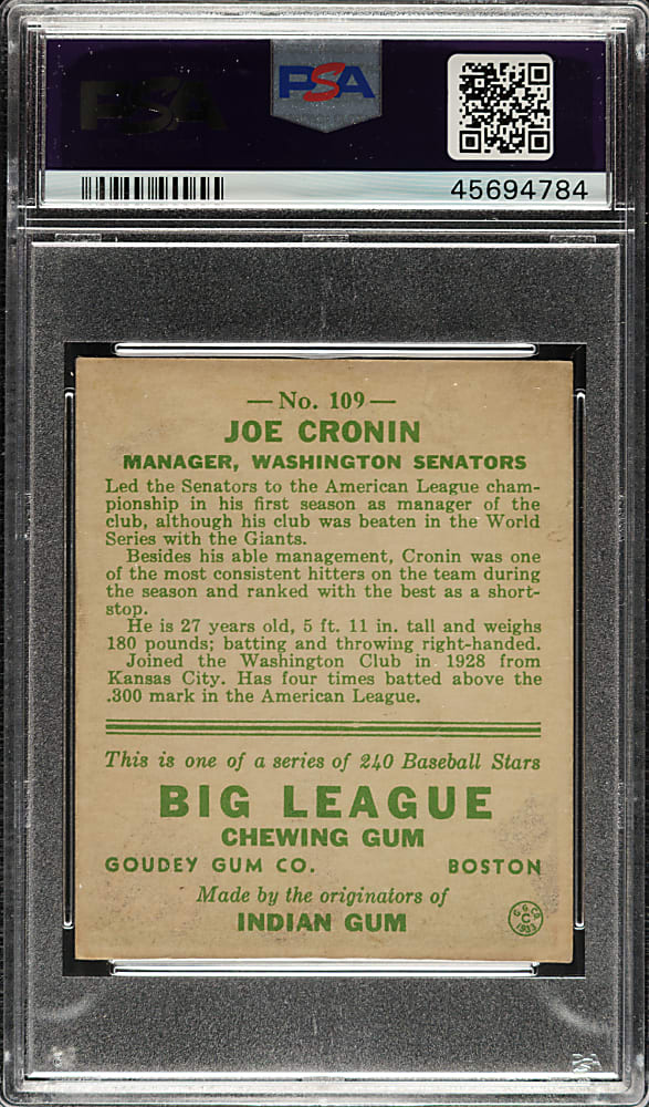 1933 R319 Goudey #109 Joe Cronin PSA EX-MT 6