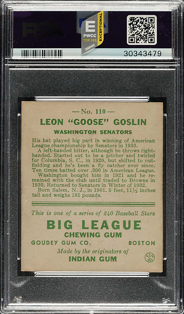 1933 R319 Goudey #110 Goose Goslin PSA NM 7