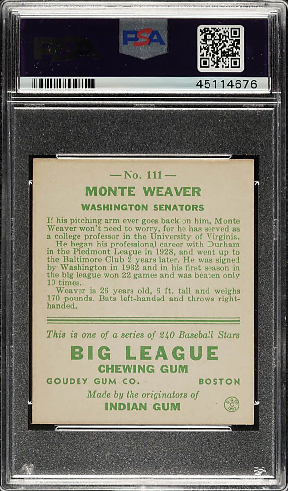 1933 R319 Goudey #111 Monte Weaver PSA NM 7