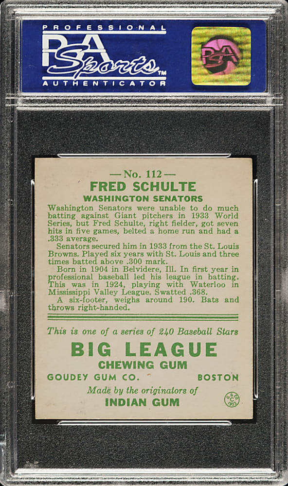 1933 R319 Goudey #112 Fred Schulte PSA NM 7