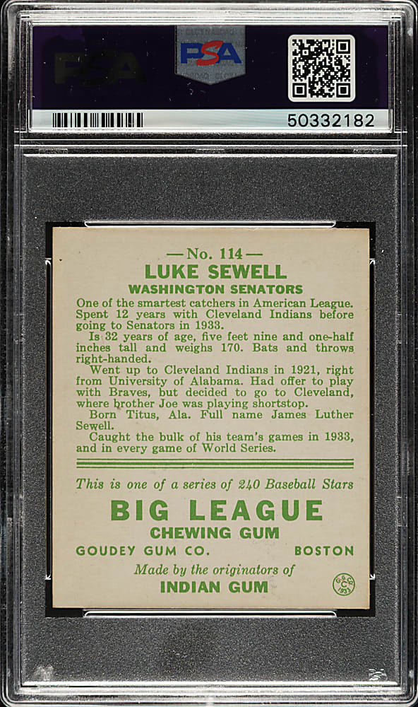 1933 R319 Goudey #114 Luke Sewell PSA NM 7