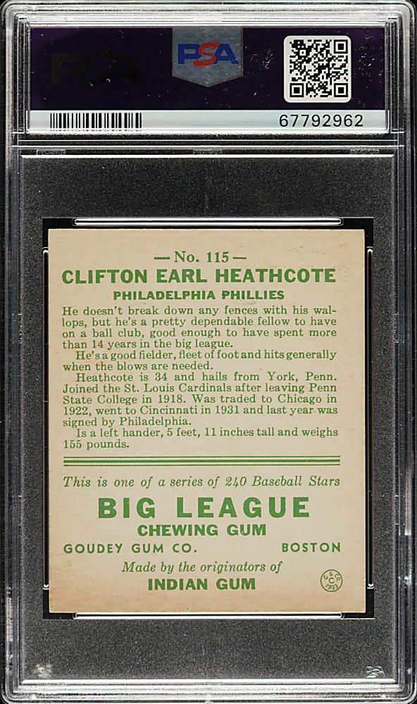 1933 R319 Goudey #115 Cliff Heathcote PSA EX-MT 6