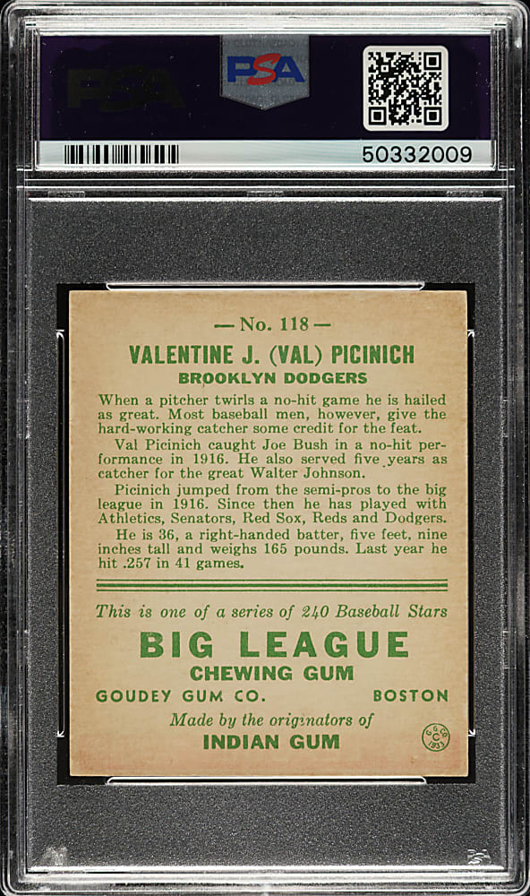 1933 R319 Goudey #118 Val Picinich PSA NM 7