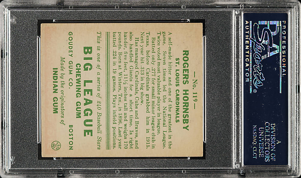 1933 R319 Goudey #119 Rogers Hornsby PSA EX-MT 6