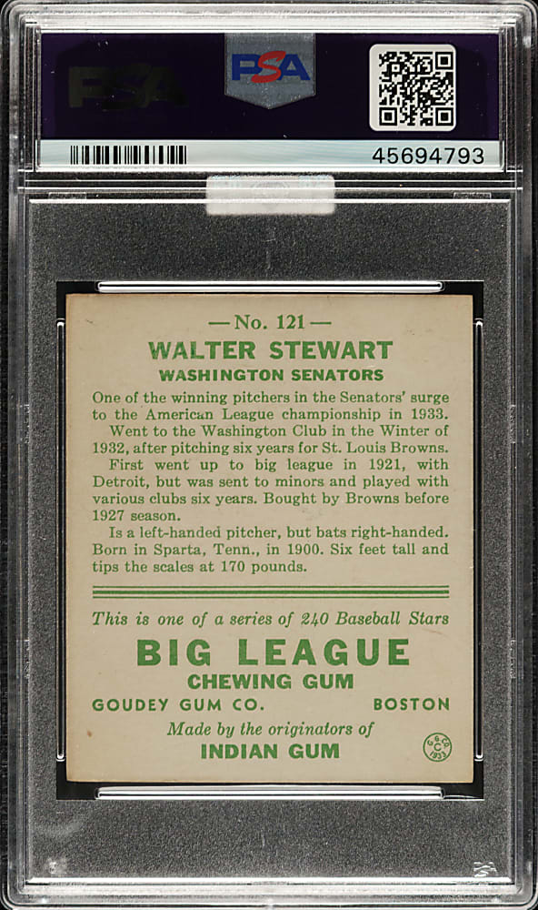 1933 R319 Goudey #121 Walter Stewart PSA NM 7 (MBA Silver Diamond)