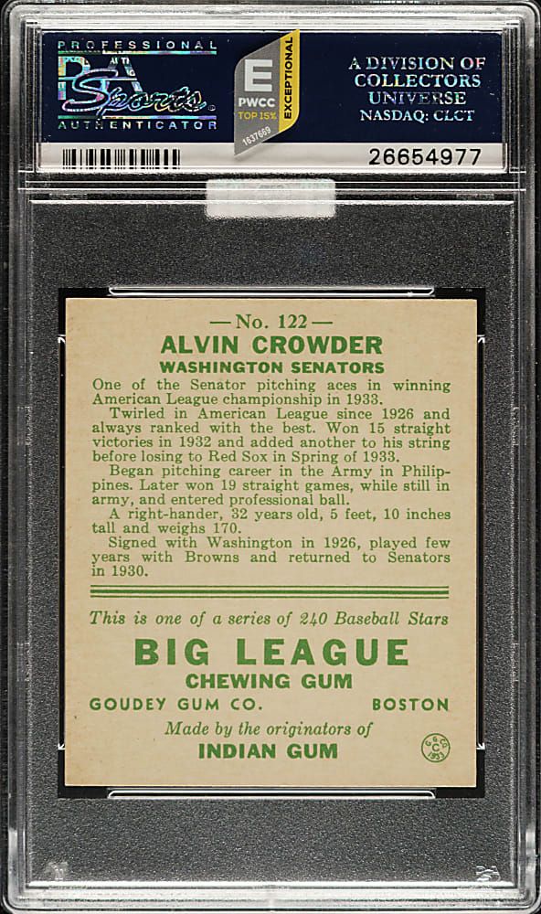 1933 R319 Goudey #122 Alvin Crowder PSA NM 7 (MBA Gold Diamond)