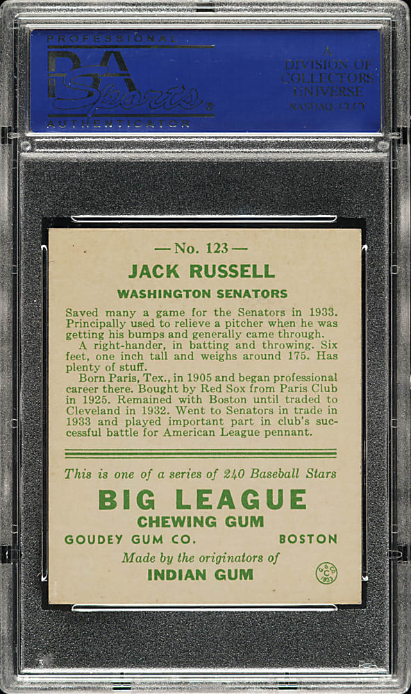 1933 R319 Goudey #123 Jack Russell PSA NM 7