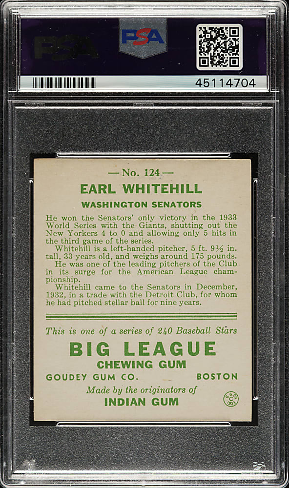 1933 R319 Goudey #124 Earl Whitehill PSA NM 7