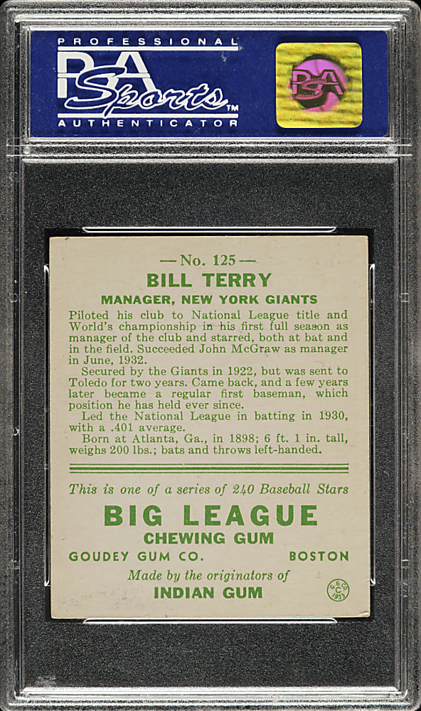 1933 R319 Goudey #125 Bill Terry PSA NM 7