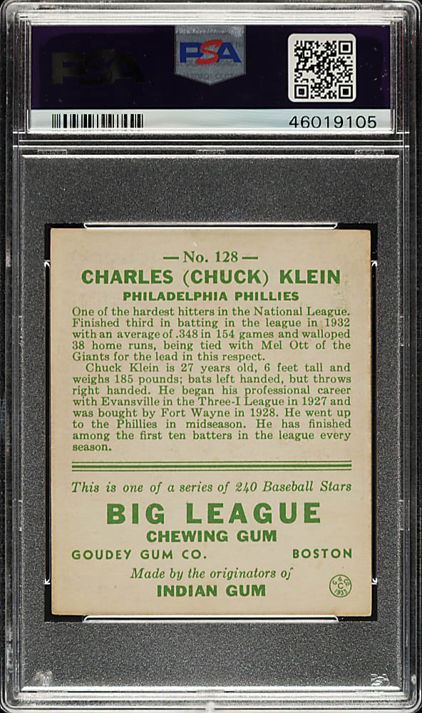 1933 R319 Goudey #128 Chuck Klein PSA EX-MT 6