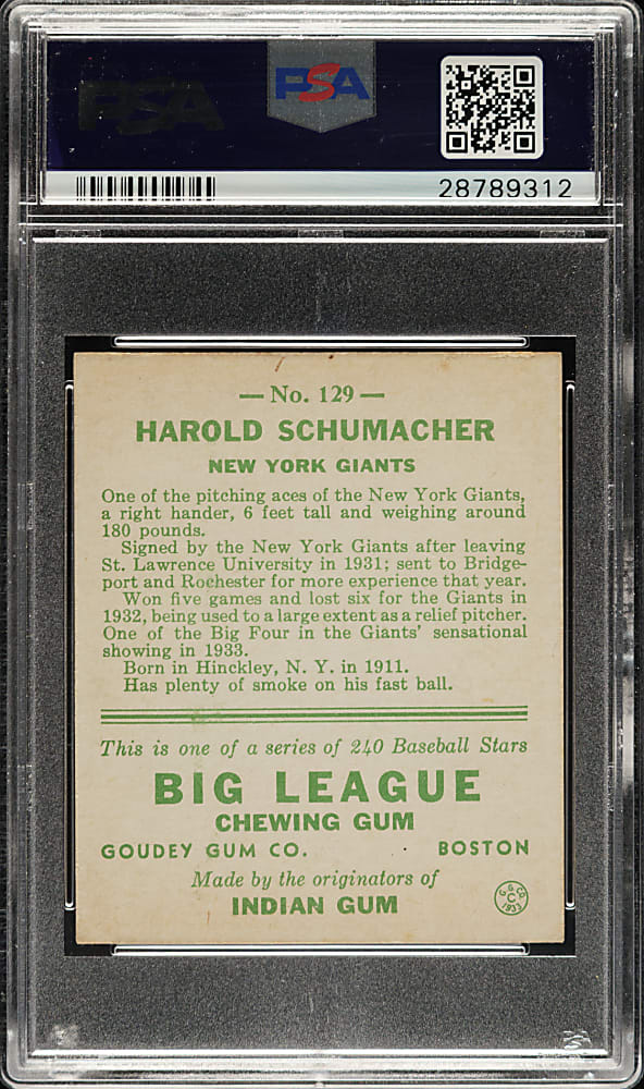 1933 R319 Goudey #129 Harold Schumacher PSA NM 7
