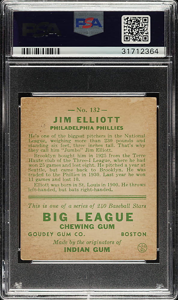 1933 R319 Goudey #132 Jim Elliott PSA EX-MT 6