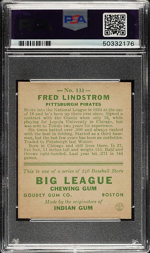 1933 R319 Goudey #133 Fred Lindstrom PSA NM 7