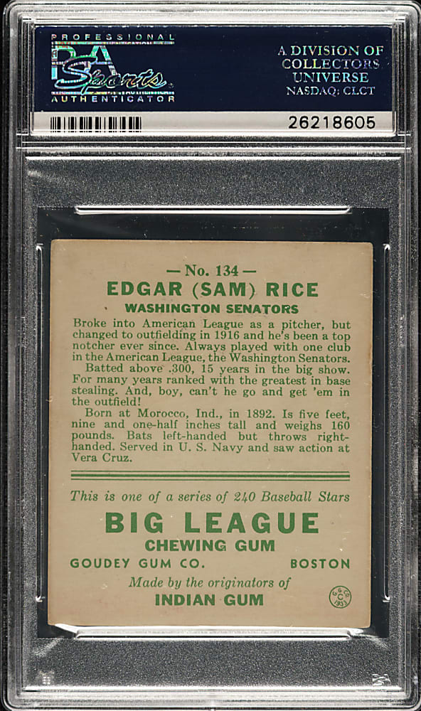 1933 R319 Goudey #134 Sam Rice PSA EX 5