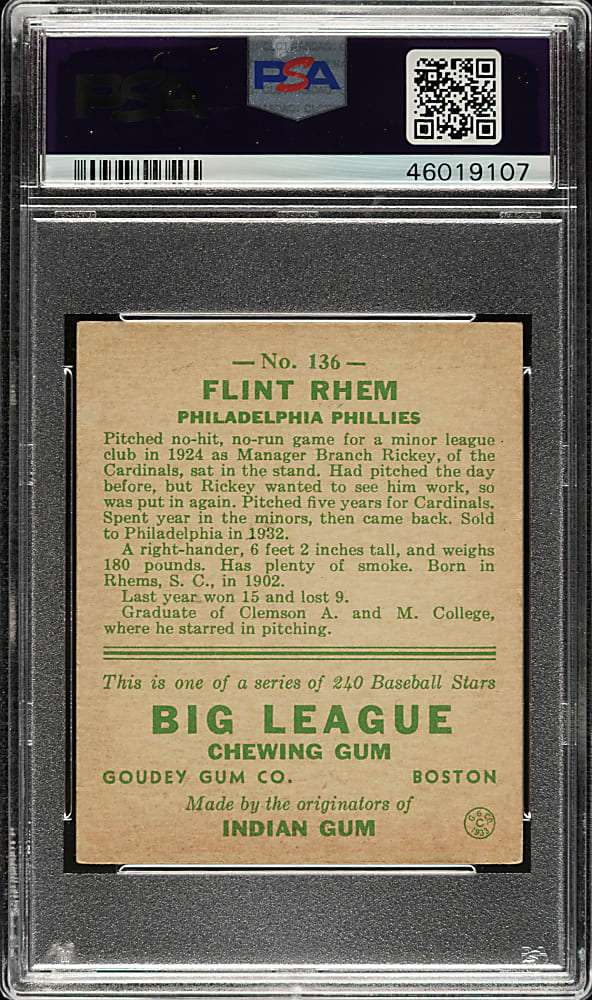 1933 R319 Goudey #136 Flint Rhem PSA EX-MT 6
