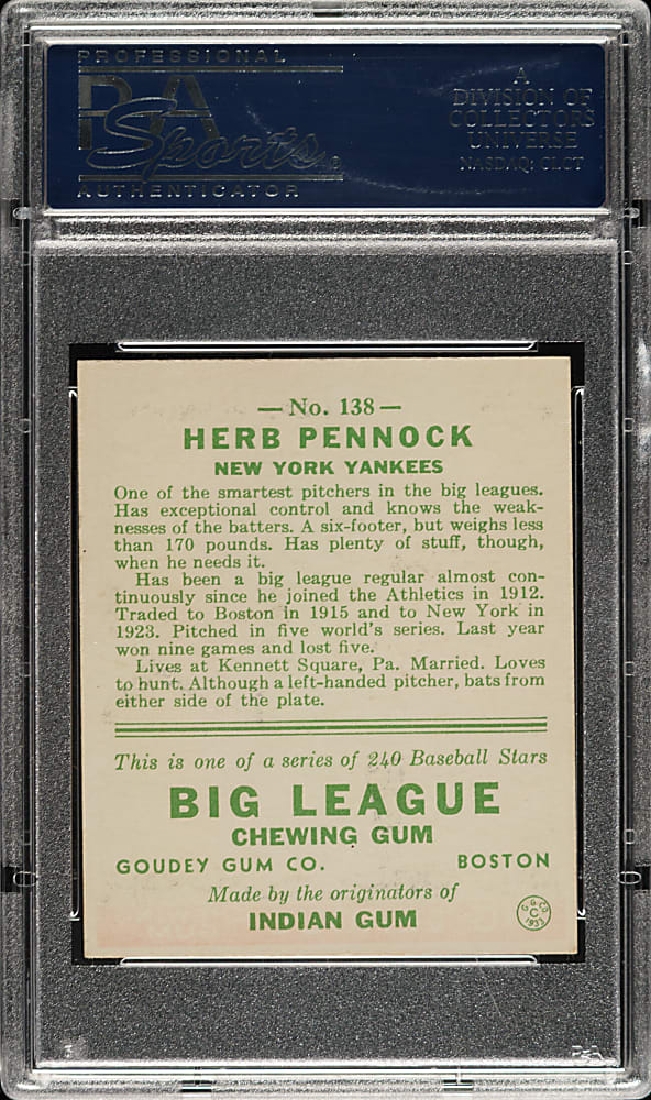 1933 R319 Goudey #138 Herb Pennock PSA NM 7