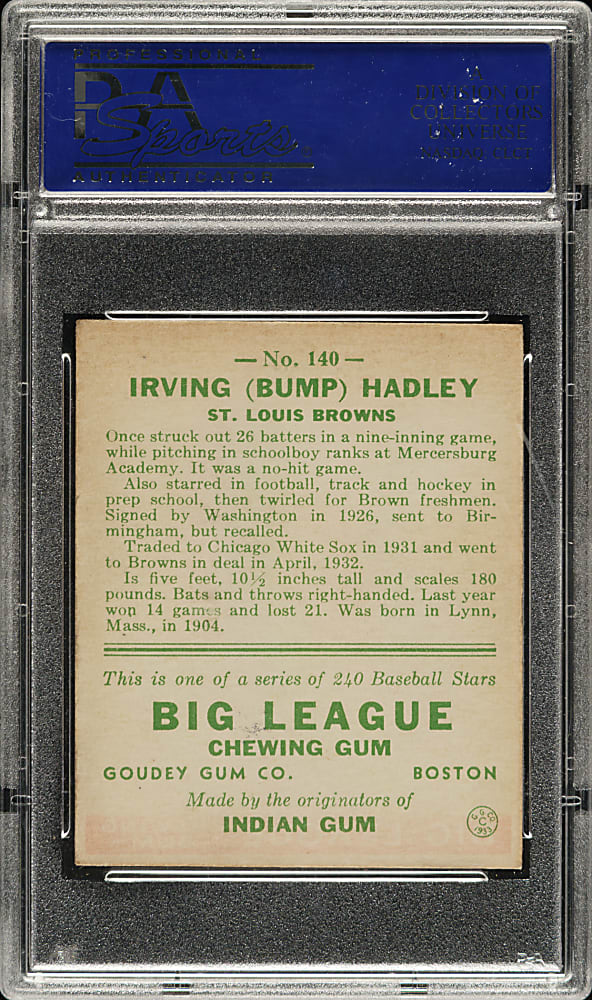 1933 R319 Goudey #140 Bump Hadley PSA NM 7