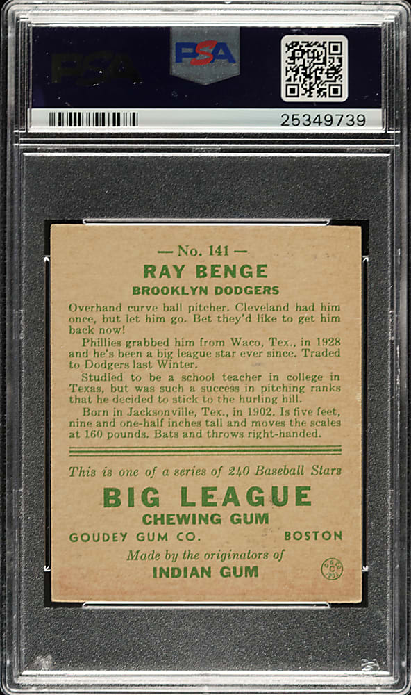1933 R319 Goudey #141 Ray Benge PSA EX-MT 6