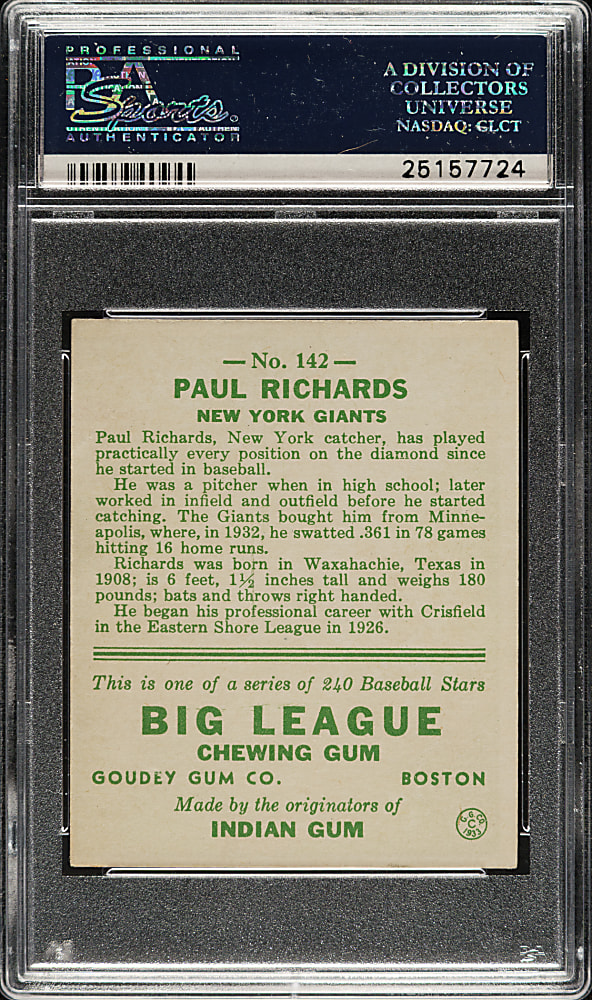 1933 R319 Goudey #142 Paul Richards PSA EX-MT 6