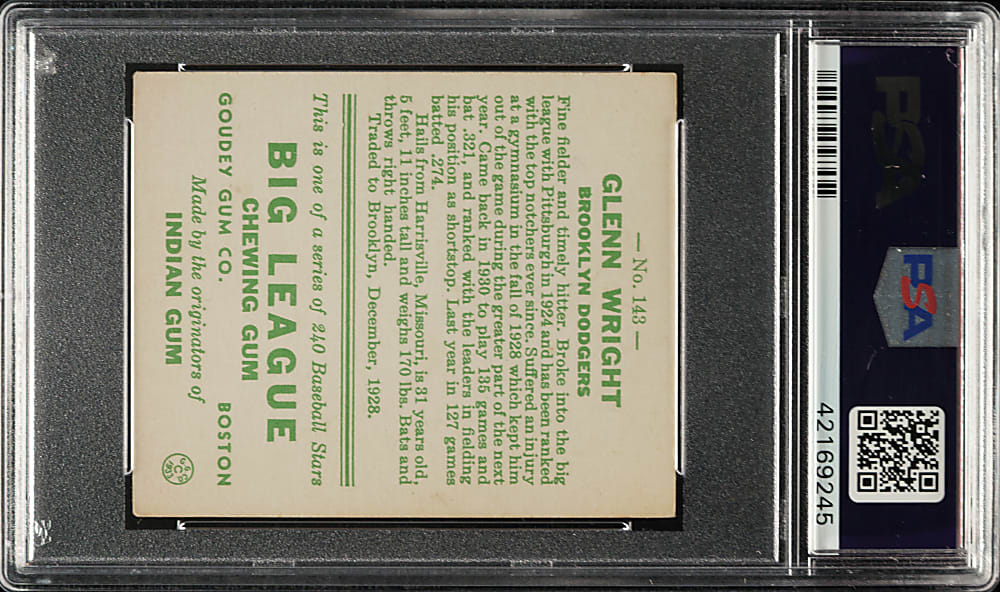 1933 R319 Goudey #143 Glenn Wright PSA EX-MT 6