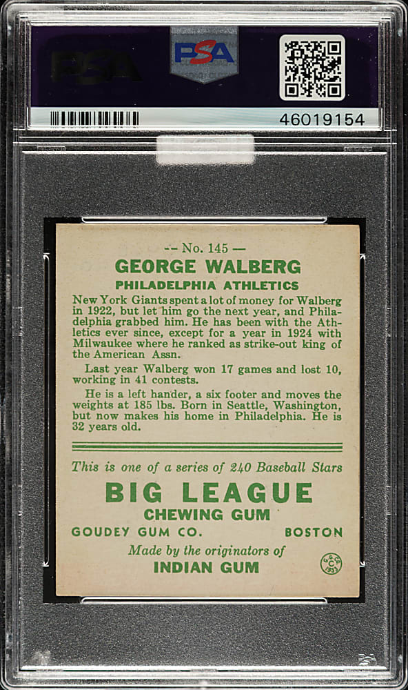 1933 R319 Goudey #145 Rube Walberg PSA EX-MT 6 (MBA Gold Diamond)