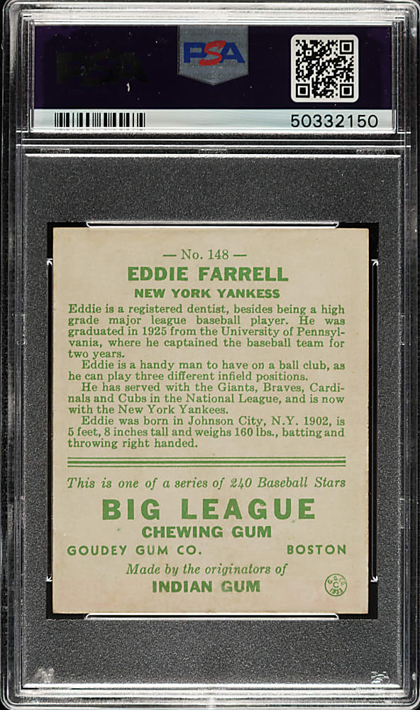1933 R319 Goudey #148 Eddie Farrell PSA NM 7