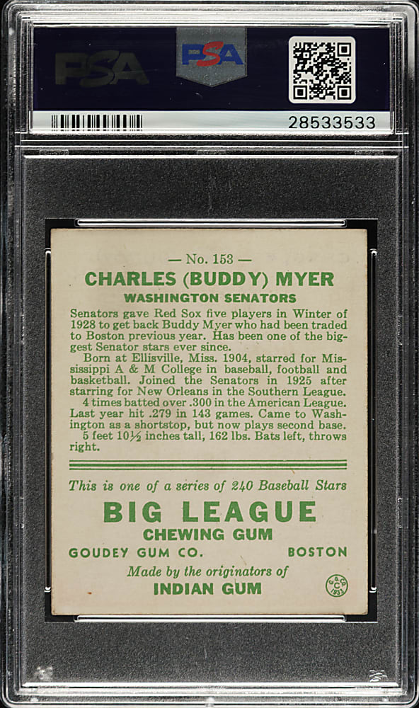1933 R319 Goudey #153 Buddy Myer PSA EX-MT 6